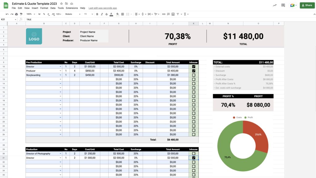 Estimate & Quote Google Sheets Template for Creative Businesses, Video Production Companies and more.